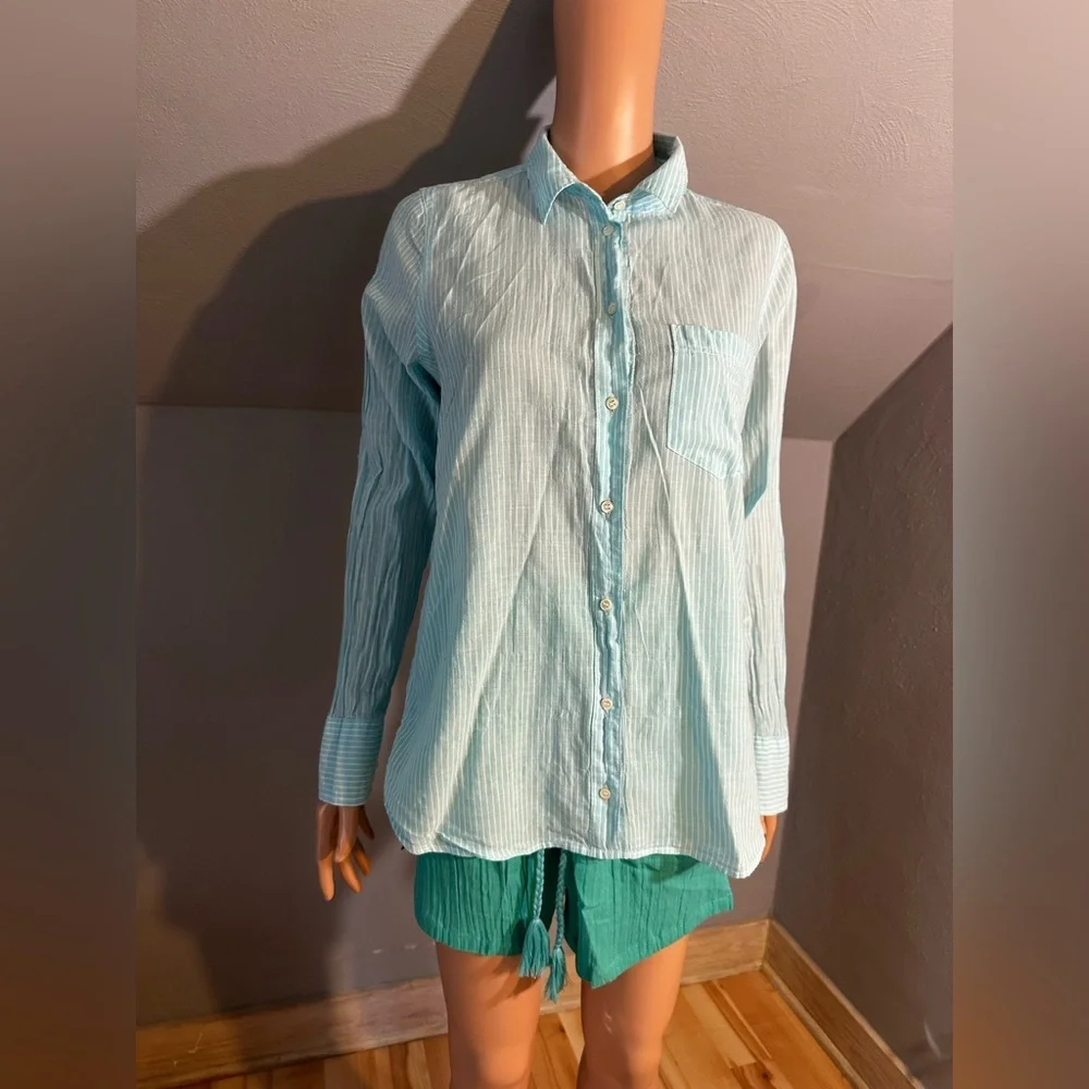 J. Crew Aqua Blue Striped Button Down Shirt Long Sleeve Size 8 EUC